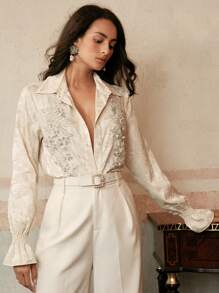 Anewsta Blusa elegante y romántica con decoración de perlas, casual y elegante para brunch, primavera y verano