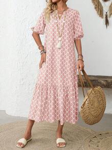 EMERY ROSE Women's Notched Neck Ruffle Hem Short Sleeve Dress Summer Dresses For Women,Sun Dresses For Women
