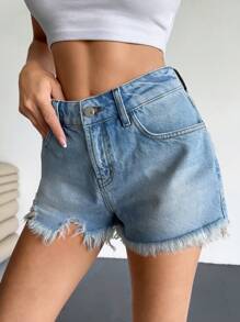 EURMUSE Casual Bleashed Ripped Raw Trim Denim Shorts - Medium Wash - View 7