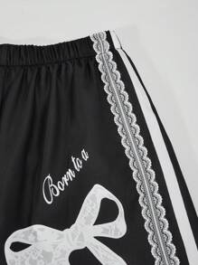 Sparklyn 1 pieza Pantalones anchos de cintura alta sueltos con estampado de lazo y decoración de encaje blanco para niña/adolescente, ropa de calle casual y elegante para primavera/verano