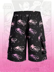 ROMWE MEN Winx Club X ROMWE 夏季男士全口袋印花休闲工装短裤