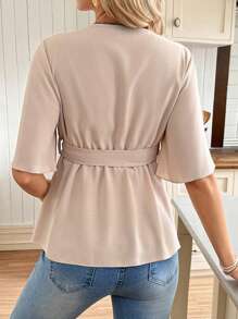 SHEIN V-Neck Ruffle Maternity Blouse With Belt