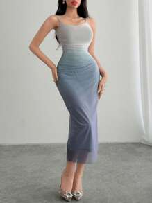 Vestido de media longitud con tirantes de malla, primavera/verano para mujer - Azul - Ver 7
