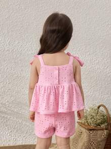 Blossori Bộ đồ nghỉ mát cho bé gái 2 món - Bộ áo yếm và quần short trang trí nơ màu hồng - Hồng - Xem 2
