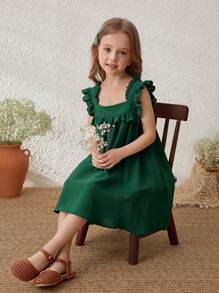 Blossori Vestido sin mangas con volantes y ribete verde para niñas en vacaciones en el campo