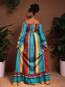Slaydiva Robe de vacances grande taille, nouvelle arrivée. Convient pour le printemps et l'été. Polyvalente, décontractée, tout-aller, sexy. Imprimé rétro multicolore dégradé rayé. Sans manches, épaules dénudées, manches longues, taille cintrée, fente haute, volants à l'ourlet, coupe évasée ample. - Multicolore - Voir 3