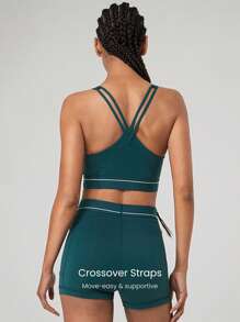 GLOWMODE Powersculpt™ schweißableitende Sporttop mit kühlendem Griff, hoher Stretch, Kontraststreifen, Cross-Design, Multi-Riemen, High-Impact für Training, Laufen, abnehmbare Cups