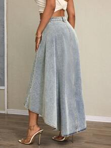 SHEIN SXY Solid Color High Slit Casual Denim Mini Skirt For Women - Blue - View 2