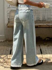 Livesso Jeans casual a gamba dritta in stile patchwork di pizzo per donne