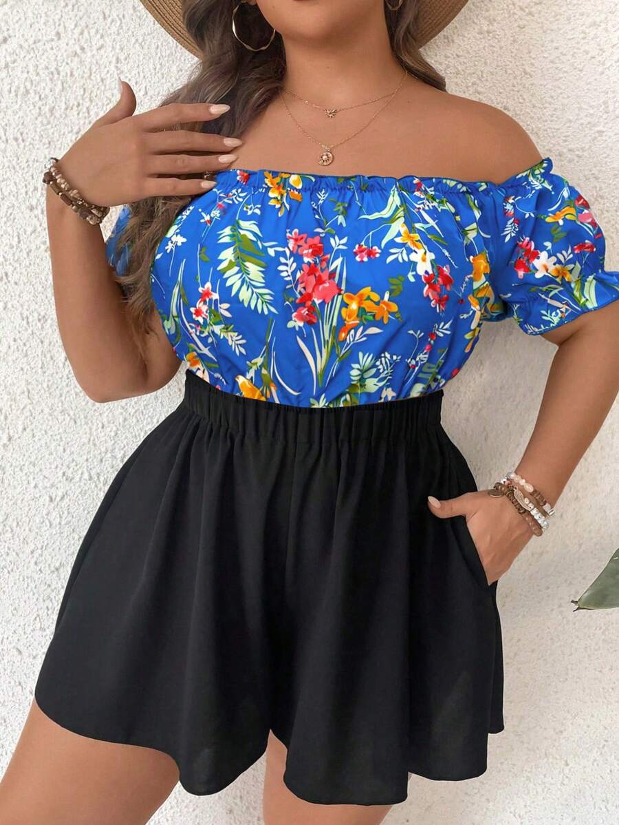 SHEIN Holidaya Tuta corta senza spalle con stampa tropicale di piante per taglie comode