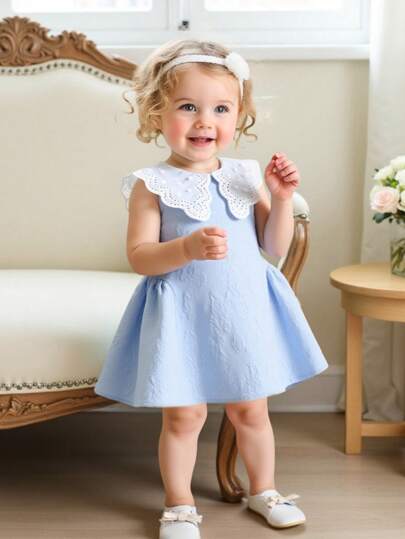 SHEIN Elladie kids Vestido casual de verano para niñas bebé de color rosa sólido con cuello de Peter Pan de encaje sin mangas