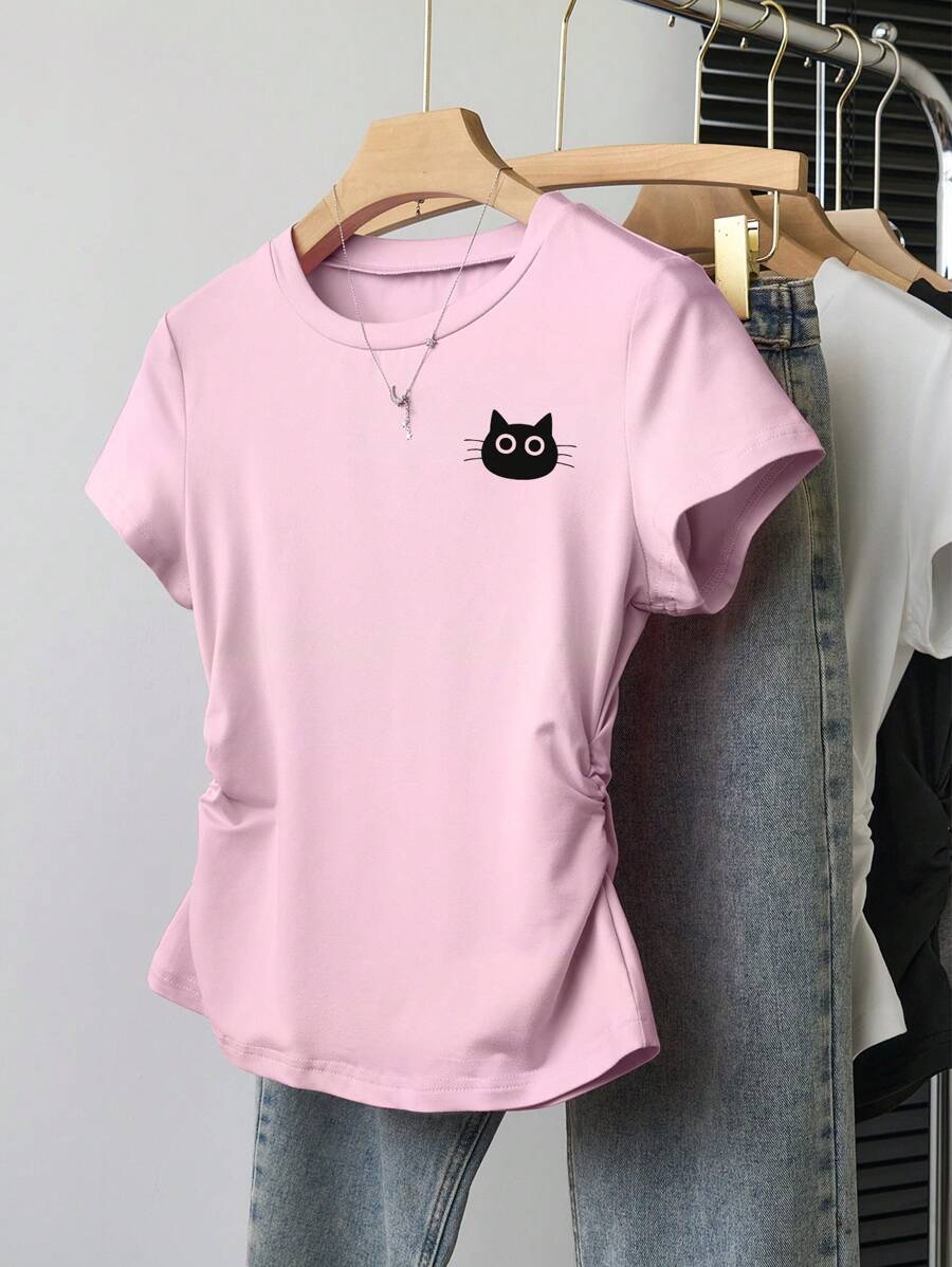INAWLY Women Versatile Minimalist Cat Print T-Shirt, Suitable For Summer - Pink - View 1