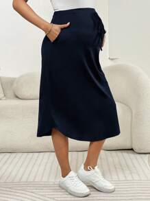 SHEIN Maternity Solid Color Adjustable Waist Pockets Straight Casual Skirt
