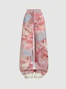 SHEIN MOD MOD 女士休闲宽松粉色浪漫油画天使印花阔腿牛仔裤 - 彩色 - 查看 3