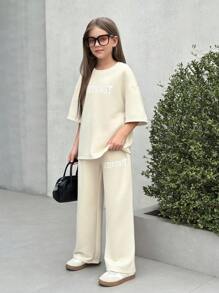 Firerie Kids Firerie Kids Nova Glow 2pcs Tween Girl Set: Casual Letter Print Loose Fit Crew Neck T-Shirt + Printed Pants - Beige - View 3