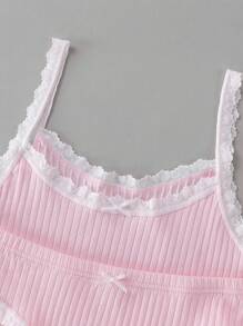 6pcs/Set Teen Girl's Lace Trim Ribbed Fabric Cute Multicolor Camisole & Thong Set - Multicolor - View 3