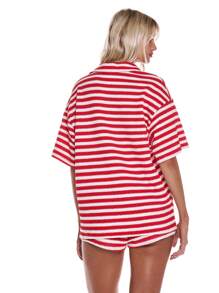MUSERA Camisa con mangas cortas a botones de punto con tejido de ganchillo a rayas sobredimensionado, ideal para primavera, verano, vacaciones, playa y días festivos