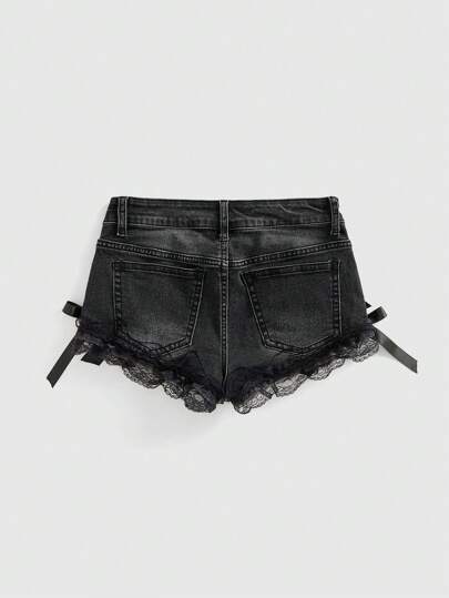 Goth Gothic Cute Lace Trim Bow Decor Super Short Sexy Mini Plus Size Denim Shorts