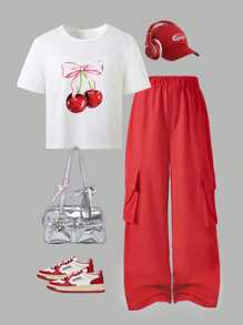 Conjunto de 2 piezas para niñas pre-adolescentes con blusa de cuello redondo de manga corta con estampado de cerezas y pantalones cargo en rojo y blanco