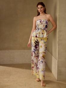 MOTF PREMIUM LINEN FLORAL PEPLUM TUBE TOP - Yellow - View 2