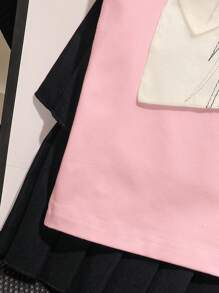 Conjunto minimalista de 2 peças, confortável e moderno para meninas, com design de laço grande e saia plissada, adequado para uso diário, escola e viagens no verão - Rosa - Ver 4