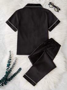 Conjunto de pijama de colegiala - Pantalón largo y cárdigan de manga corta de tela texturizada minimalista negra, conjunto casual de 2 piezas para niñas preadolescentes - Negro - Ver 2