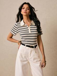 Poéselle Damen Gestreiftes Polokragen Kurzarm Lässig T-Shirt, klassisches schwarz-weißes gestreiftes Kurzarm Polohemd, modisches schwarz-weißes Damen Polohemd, Old Money Poloshirt, Poloshirts für Frauen