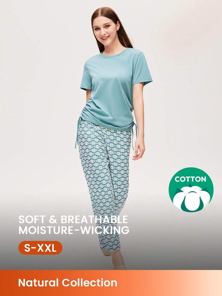 Conjunto de pijama de verano estilo isla con top de cuello redondo de algodón suave azul de manga corta con pliegues románticos y pantalones estampados, pantalones de vacaciones con bolsillos, lencería de mujer como ropa exterior, conjunto de dos piezas de capri para primavera y verano