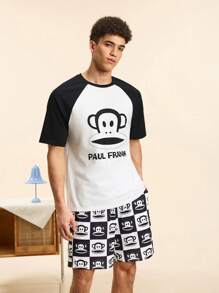Paul Frank X SHEIN Men's Contrast Color Cartoon Print Short Sleeve Top And Shorts Loungewear Set - Black and White - View 5