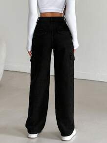 RueChic 100%Cotton Jeans With Side Flap Pockets - Black - View 2