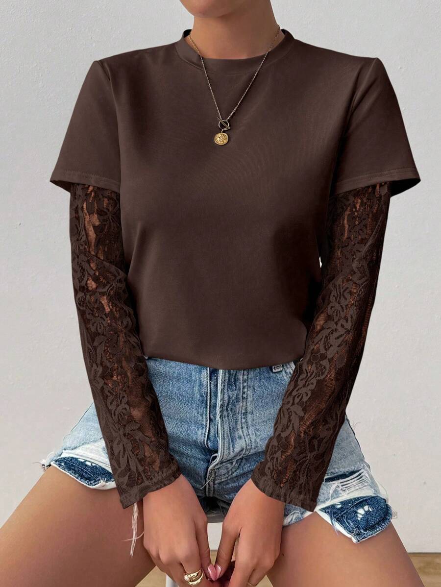 EMERY ROSE Women's Round Neck Fashion Lace See-Through Long Sleeve T-Shirt, Fall Top - Brown - View 1