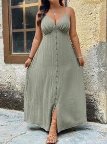 SHEIN LUNE Plus Size Sage Green Spaghetti Strap Dress,Summer Boho Picnic Holiday Outfits,Casual Solid Color Fairycore Classy Wedding Guest Graduation Dress - Green - View 3
