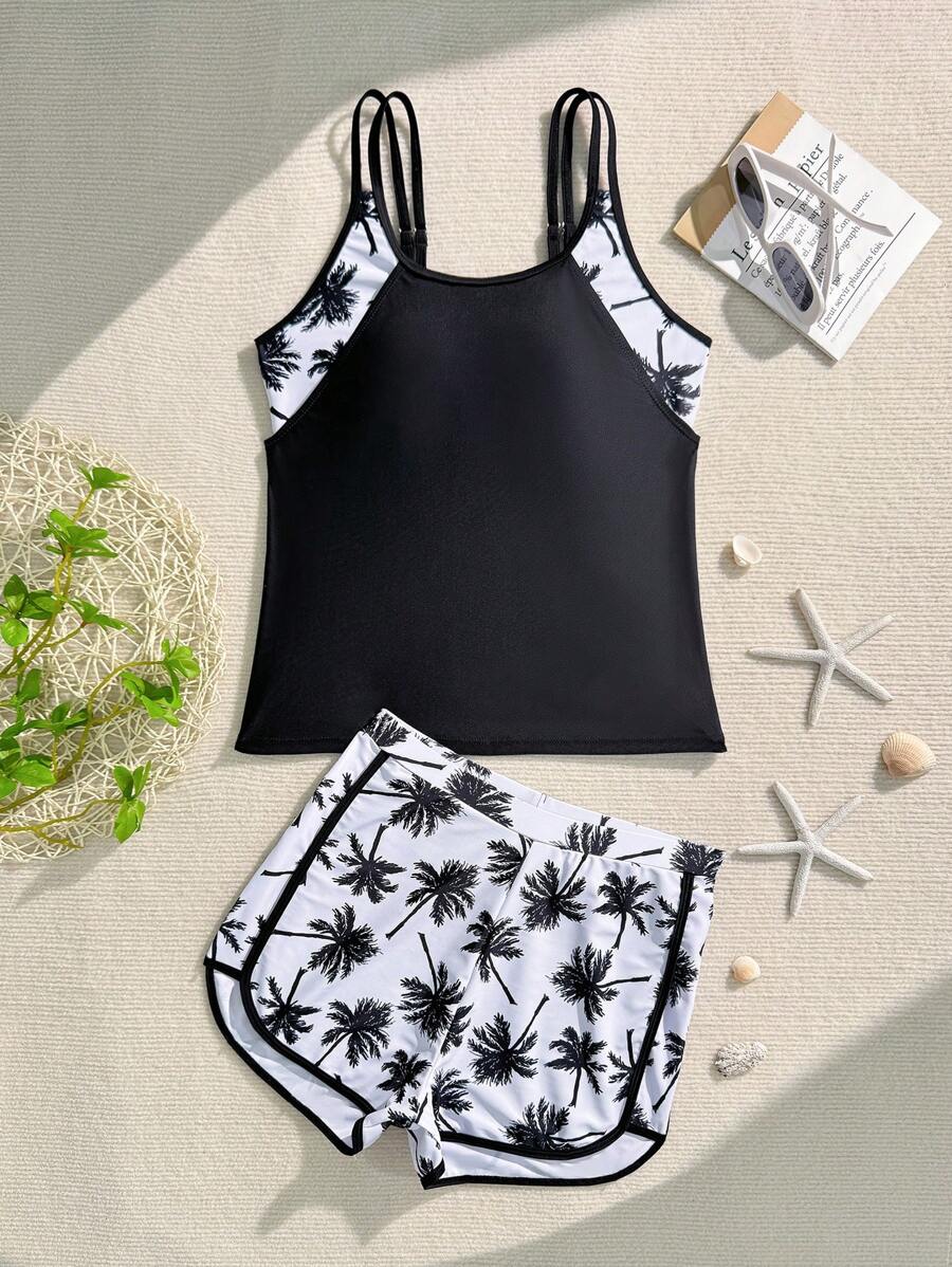 SHEIN Leap Crew 少女合身休闲纯色撞色圆领比基尼泳装套装