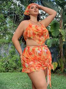 SHEIN Swim Curve Plus Size 3 Pcs Ruffled Tie-Dye Swimsuit Set