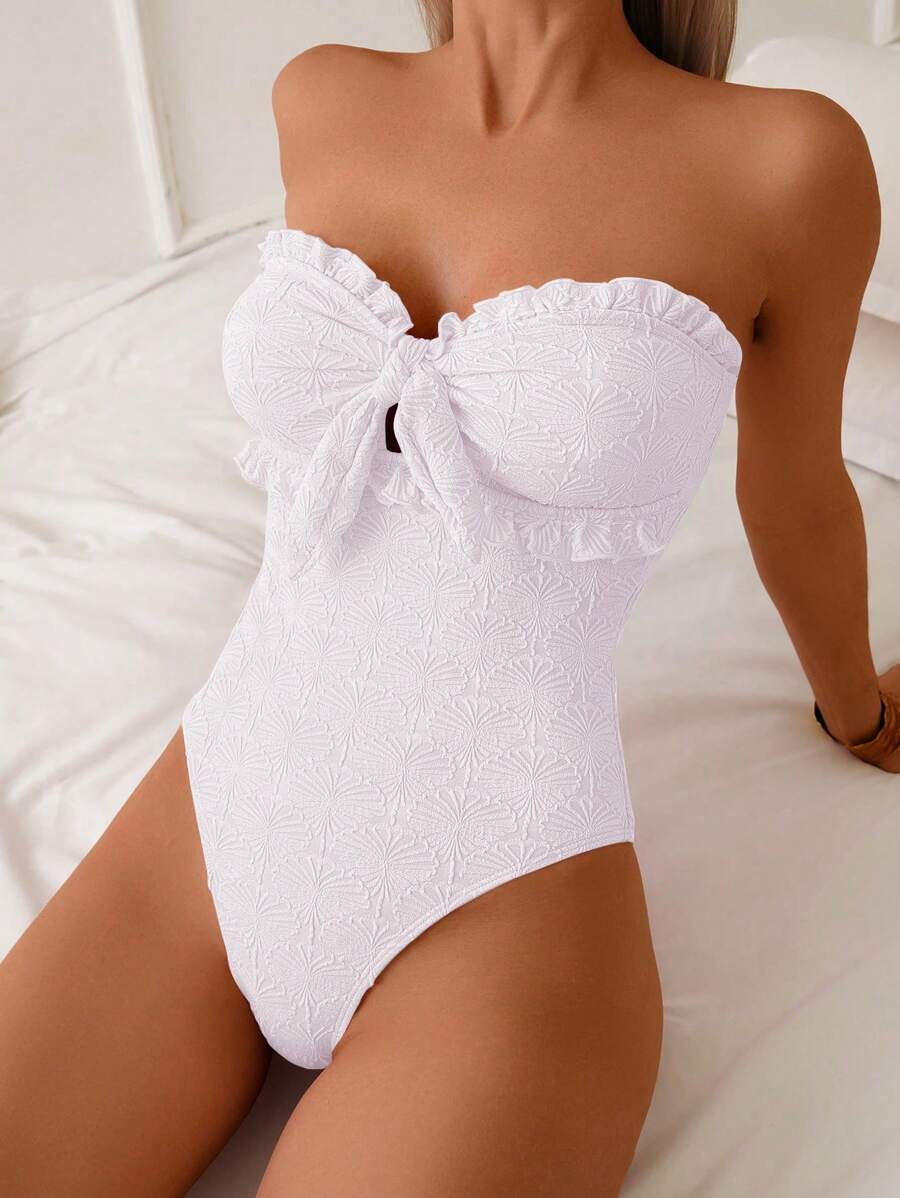 SHEIN Swim 女士夏季纯色高腰荷叶边蝴蝶结连体泳衣 - 白色 - 查看 1