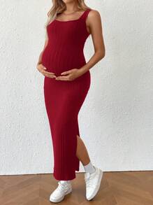 SHEIN Vestido de playa ajustado sin mangas con detalle de nudo en la espalda y color liso para embarazadas