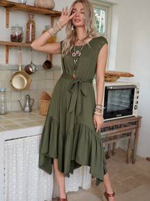 LanaWest Vestido de mujer con cuello de ojal, sin mangas, de unicolor y con volantes en el bajo - Verde militar - Ver 5