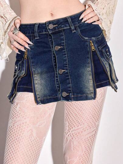 Kawaii Plus Size Y2K Millennium Zipper Vintage Washed Low Waist Mini Denim Skirt