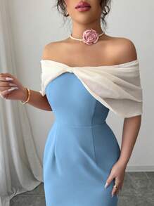 Modelyn Women's Knitted Off Shoulder Color Block Waist Fitted Mini Dress - Blue - View 5