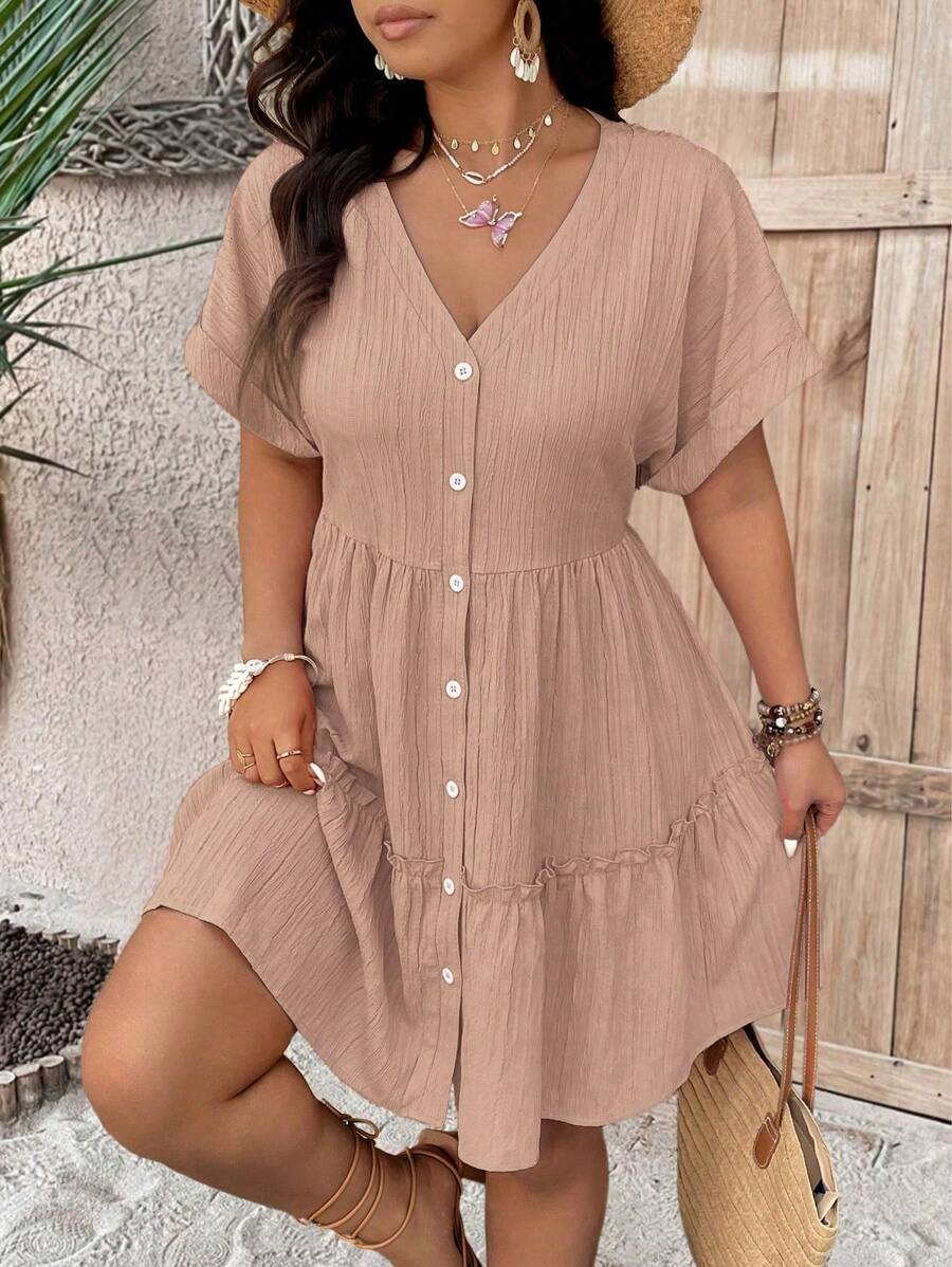 Breezaya Große Größen Kleid mit V-Ausschnitt, strukturierten Schulterärmel, fließender A-Linie und Rüschensaum