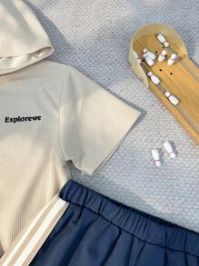 SHEIN Explorewe 2pcs Set Older Boys Casual Waffle Texture Hooded Half-Zip Short Sleeve T-Shirt And Elastic Waist Striped Shorts, Suitable For Daily Casual Wear, Outings And Gatherings, Spring/Summer - Apricot - View 5