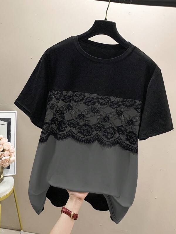Lacomfia Plus Size Lace Patchwork Crew Neck Short Sleeve T-Shirt, Suitable For Summer Casual Tops For Women