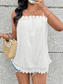 Breezaya 百搭简约休闲复古度假风格女士优雅通勤可调节肩带露肩纹理蕾丝边拼接设计白色大码吊带背心，适合春季、夏季、秋季 - 白色 - 查看 5