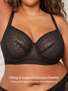 LUVLETTE Plus Sexy Lingerie Lounge Curve Sheer Full Coverage Unlined Lace Elegance Chic & Cozy Minimizer Black Bra