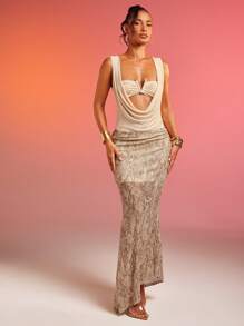 Hauture Women Beige Cowl Neck Body Suit With Gold Trim - Apricot - View 5