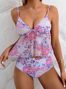 SHEIN Swim 女士碎花荷叶边可调节高腰度假吊带比基尼上衣 - 粉色 - 查看 3
