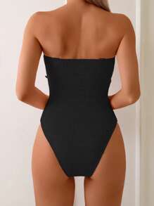 Swim Mod Áo tắm liền thân mùa hè màu trơn dành cho nữ, kiểu dáng cắt cao, có bèo nhún và nơ. - màu đen - Xem 2