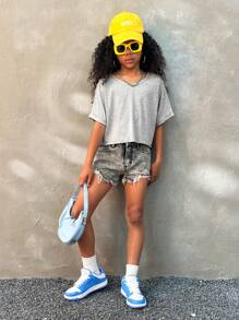 SHEIN Tween Girls Spring/Summer Streetwear Grey Asymmetrical Neck Tees
