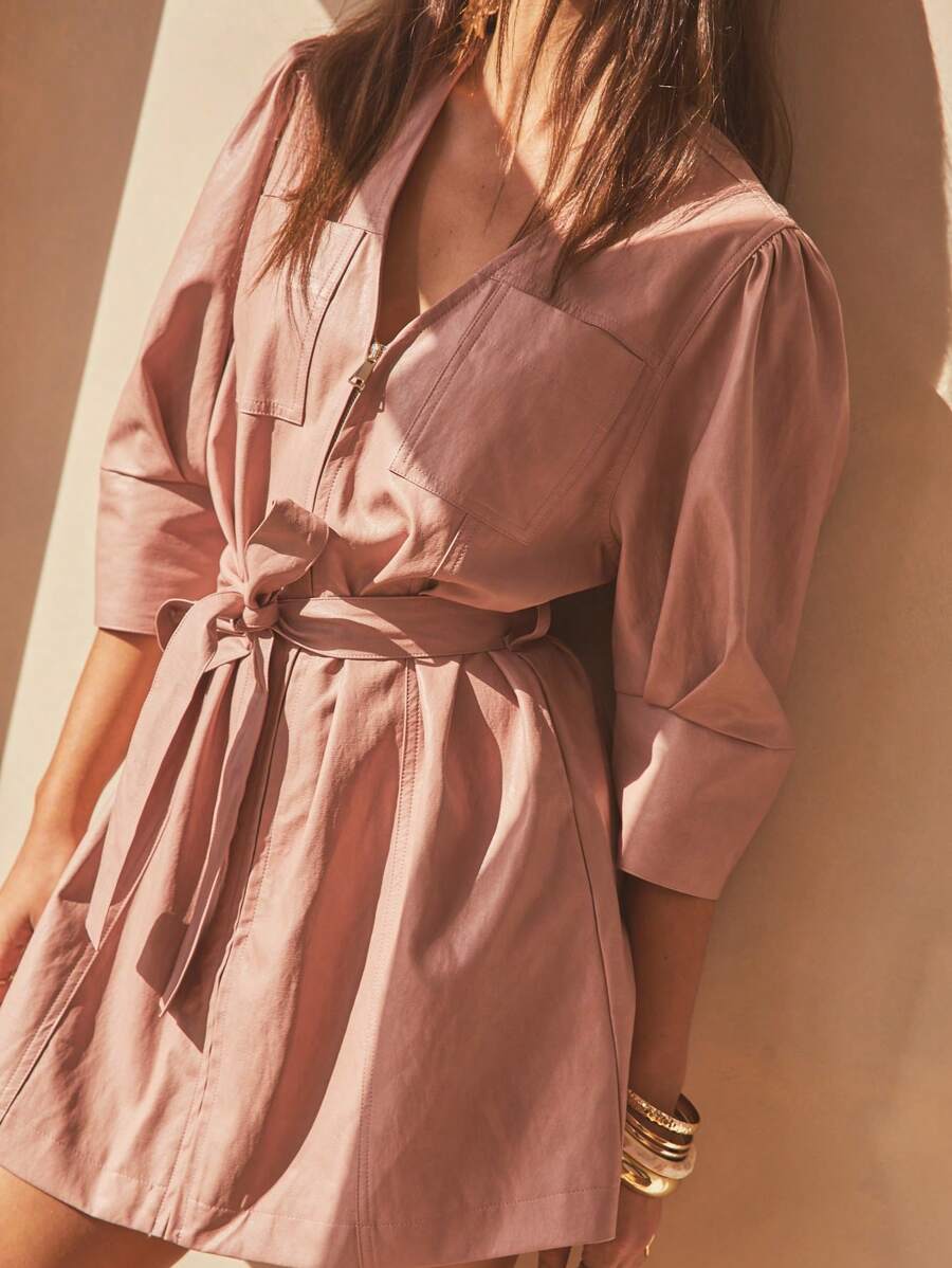SHEIN Aralina-E PU Belted Puff Sleeve Mini Blazer Officewear Dress - Pink - View 1