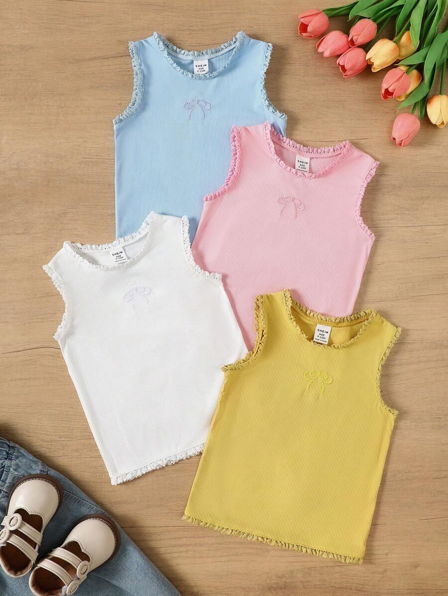 4 Packs Of Baby Girls Cute, Fashionable And Versatile Sleeveless Tops With Bow Patterns, Suitable For Summer - Multicolor - View 1